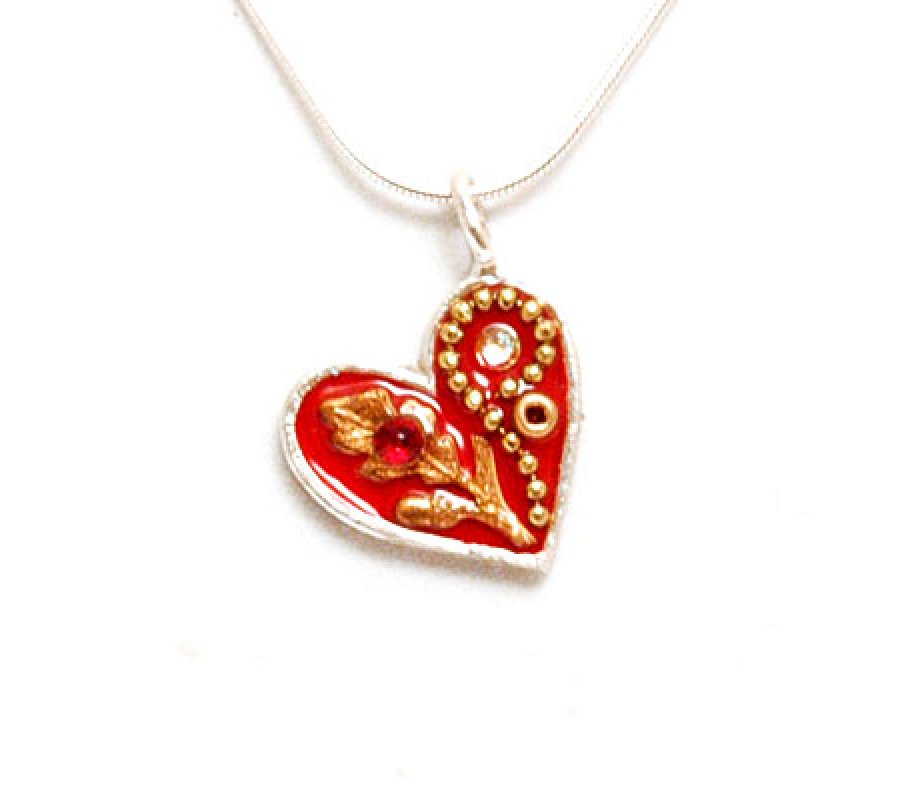 Silver Heart Necklace with Red Heart - Shahaf