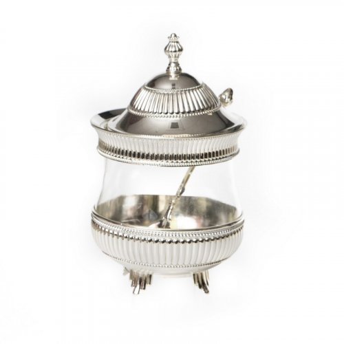 Silver Metal Honey Dish on Feet with Spoon and Lid - Stripe Design