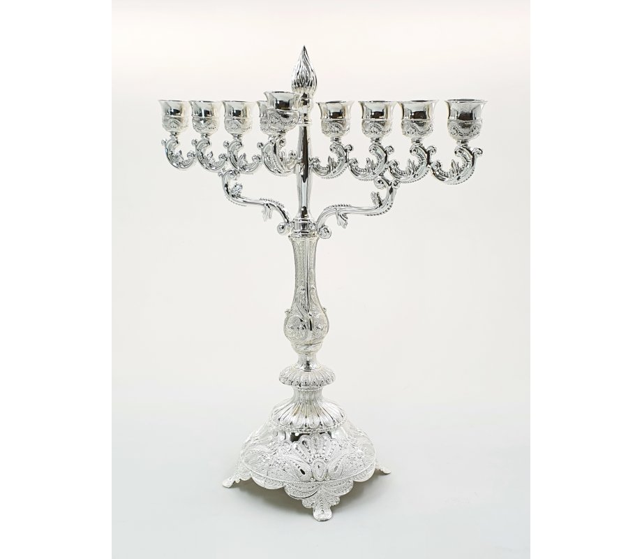 Silver Plated Hanukkah Menorah Filigree Design and Flame, Large - 15 Inches