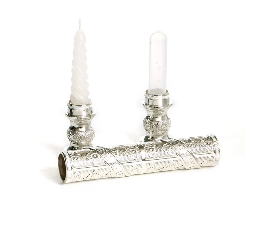 Silver Plated Havdalah Wand, Two Piece Havdalah Candle & Spice Holder - Floral Design