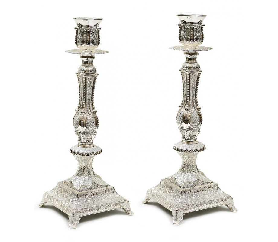 Silver Plated Shabbat Candlesticks with Filigree Design