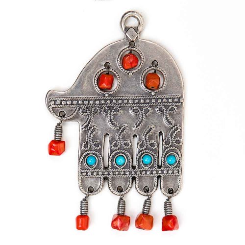 Silver Plated Wall Good Luck Hamsa, Colored Beads - Replica of Israel Museum Item