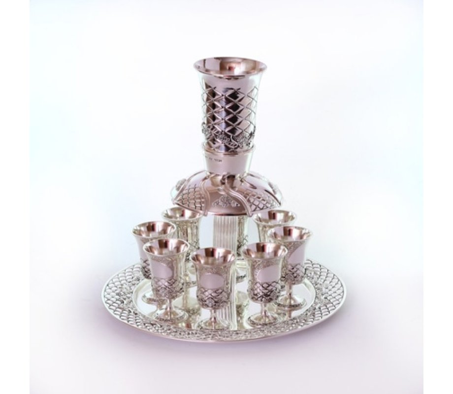 Silver Plated Wine Fountain, Tray with 8 Small Cups - Diamond Design