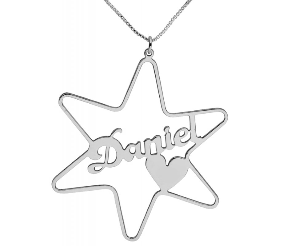 Silver Star Cursive English Name Necklace with Heart