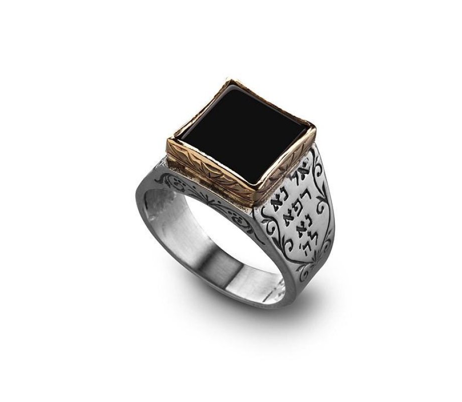 Silver and Gold Healing Kabbalah Ring with Onyx Stone and Joined Five Metals - Ha'ari
