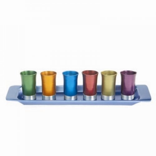 Six Anodized Aluminum Kiddush Cups and Tray, Metallic Colors - Yair Emanuel