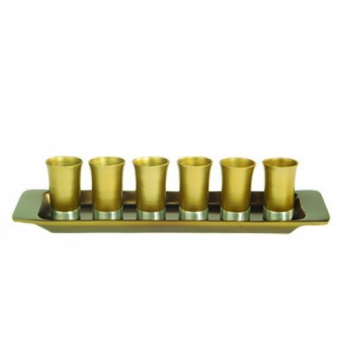 Six Anodized Aluminum Kiddush Cups and Tray, Metallic Colors - Yair Emanuel