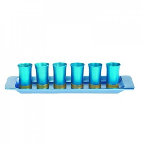 Six Anodized Aluminum Kiddush Cups and Tray, Metallic Colors - Yair Emanuel