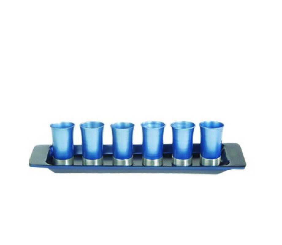 Six Anodized Aluminum Kiddush Cups and Tray, Metallic Colors - Yair Emanuel