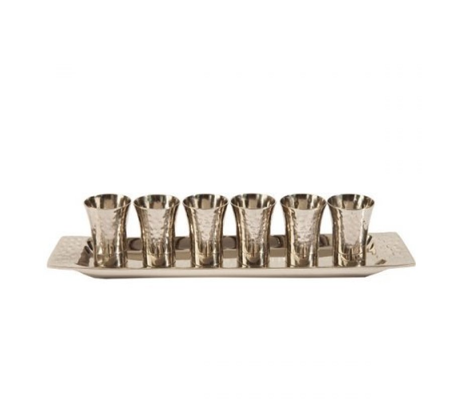 Six Hammered Nickel Kiddush Cups and Tray, Silver Color - Yair Emanuel