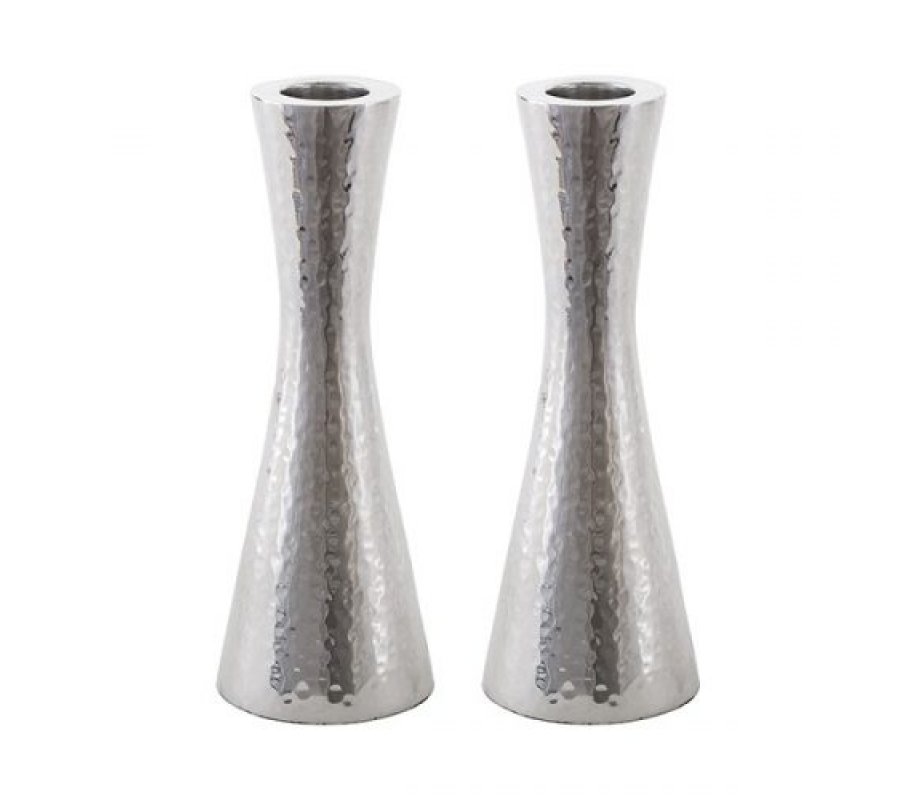 Small Cone Shaped Candlesticks, Hammered Nickel - Yair Emanuel