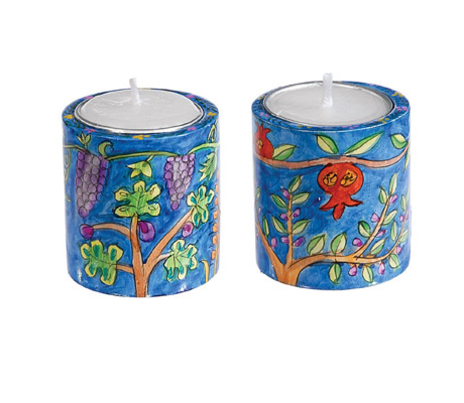 Small Hand Painted Circular Wood Candlesticks, Seven Species - Yair Emanuel