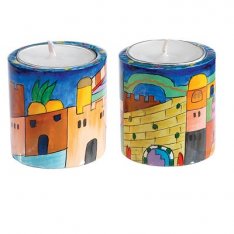 Small Hand Painted Wood Candlesticks, Jerusalem - Yair Emanuel