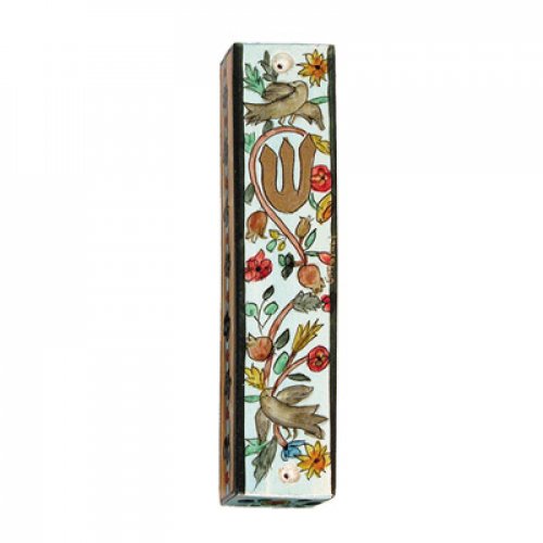 Small Hand Painted Wood Mezuzah Case, Birds and Pomegranates - Yair Emanuel