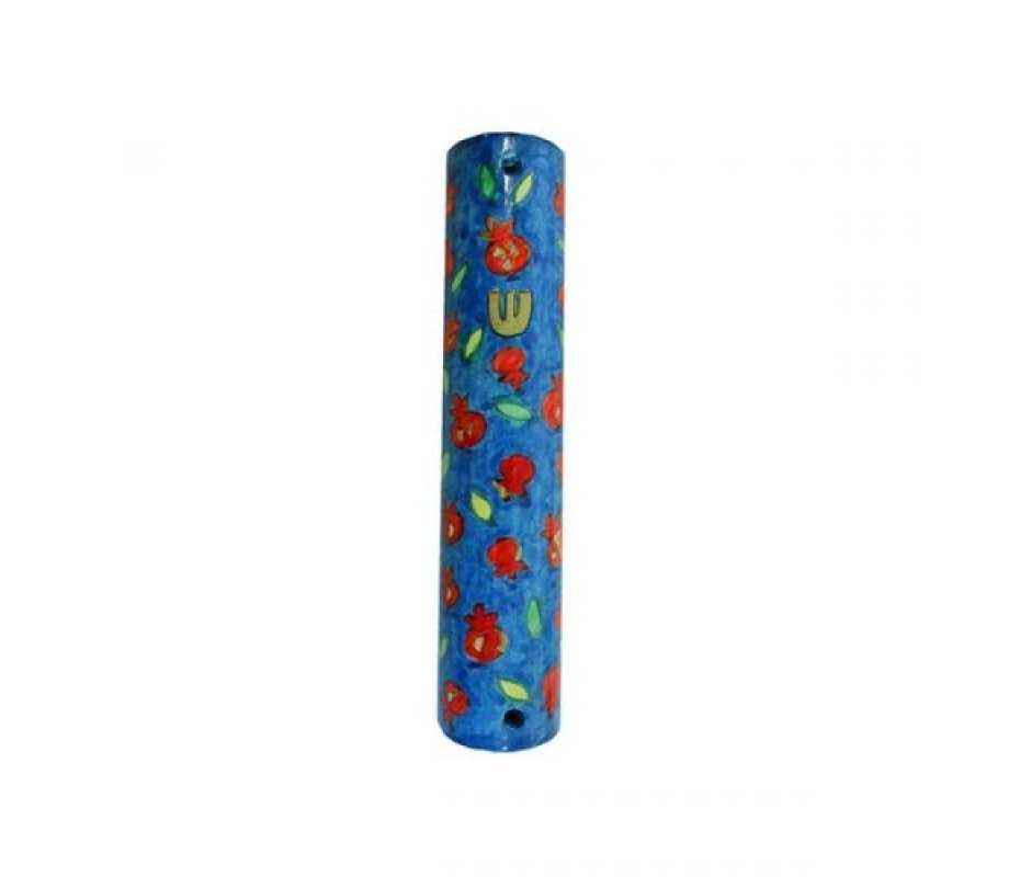 Small Hand Painted Wood Mezuzah Case, Red Pomegranates on Blue - Yair Emanuel