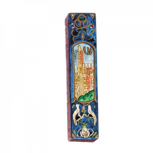 Small Hand Painted Wood Mezuzah Case, Tower of David on Blue - Yair Emanuel