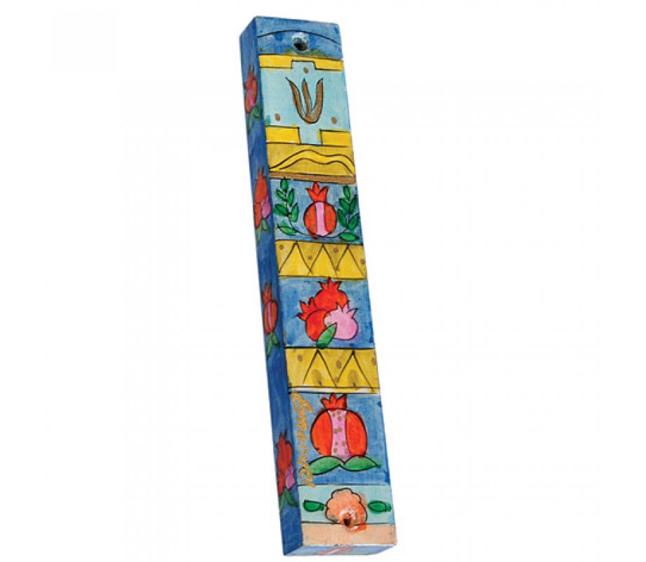 Small Hand Painted Wood Mezuzah, Pomegranates and Gold Stripes - Yair Emanuel