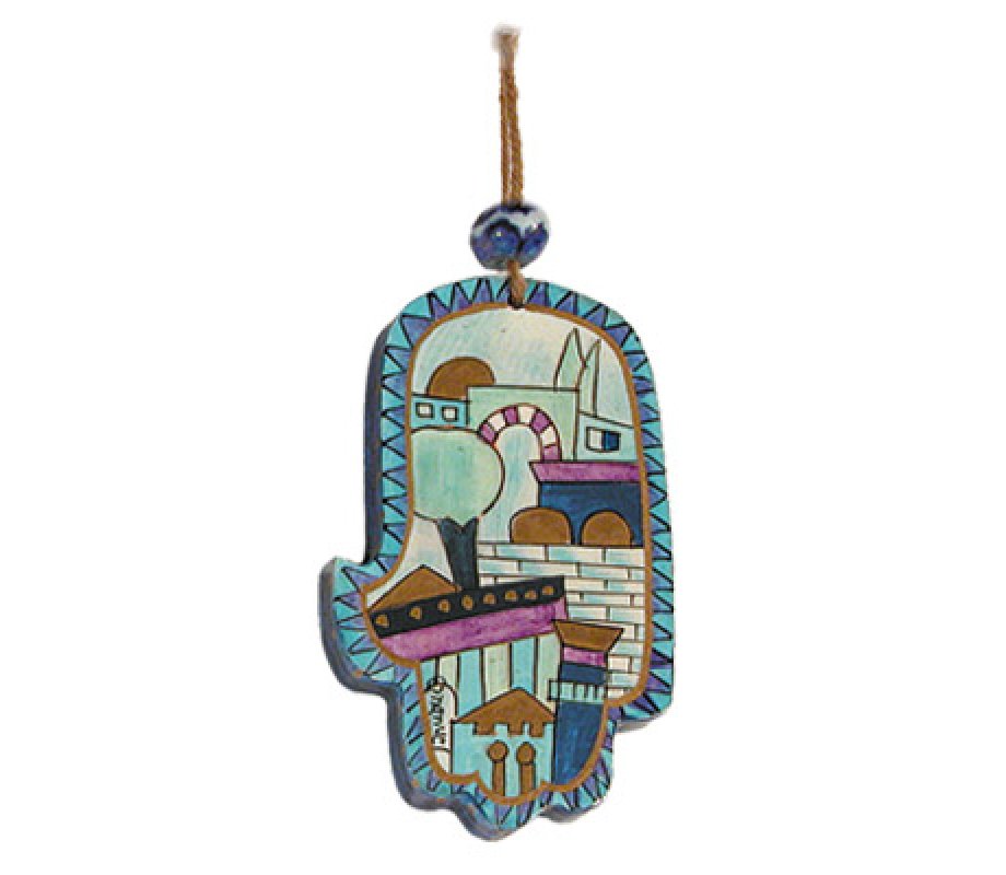 Small Hand Painted Wood Wall Hamsa, Blue Jerusalem Images - Yair Emanuel