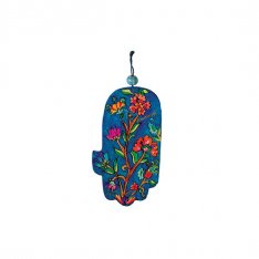 Small Hand Painted Wood Wall Hamsa, Flowers on Blue - Yair Emanuel