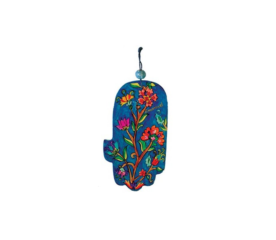 Small Hand Painted Wood Wall Hamsa, Flowers on Blue - Yair Emanuel