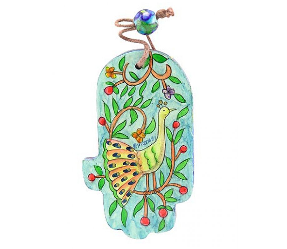 Small Hand Painted Wood Wall Hamsa, Green and Gold Peacocks - Yair Emanuel