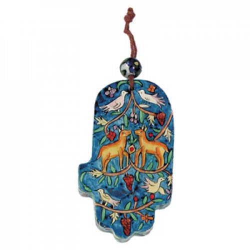 Small Handpainted Blue Wood Wall Hamsa, Nature Scenes - Yair Emanuel