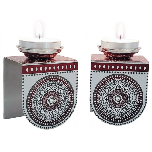 Small Shabbat Candlesticks Circular Design, Maroon and Gray - Dorit Judaica