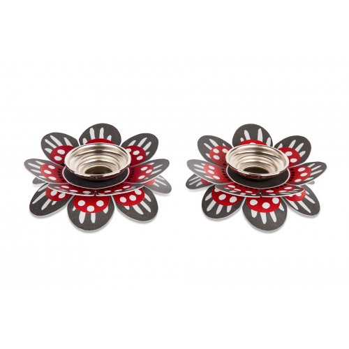 Small Shabbat Candlesticks Flower Design, Red and Gray - Dorit Judaica