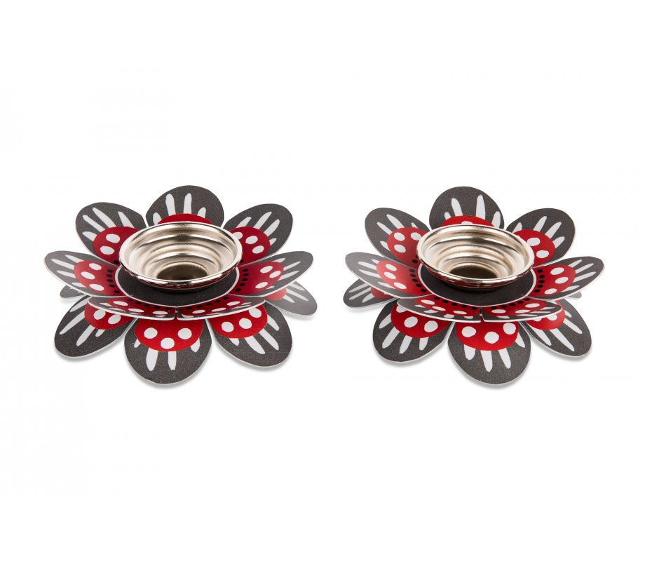Small Shabbat Candlesticks Flower Design, Red and Gray - Dorit Judaica