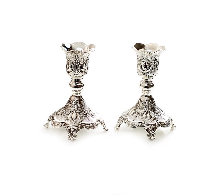 Small Silver Plated Candlesticks with Ornate Decorative Filigree