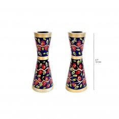 Small Stainless Steel Red Pomegranates on Blue Candlesticks - Yair Emanuel