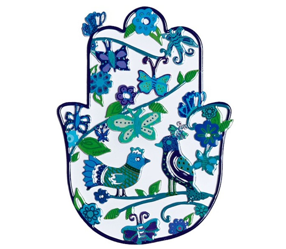 Small Wall Hamsa with Blue Butterflies and Birds - Yair Emanuel