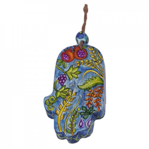 Small Wood Wall Hamsa, Hand Painted Seven Species Blue - Yair Emanuel