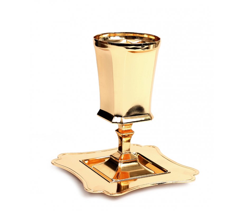 Smooth Finish Gold Kiddush Cup with Stem, Matching Tray - Square Design