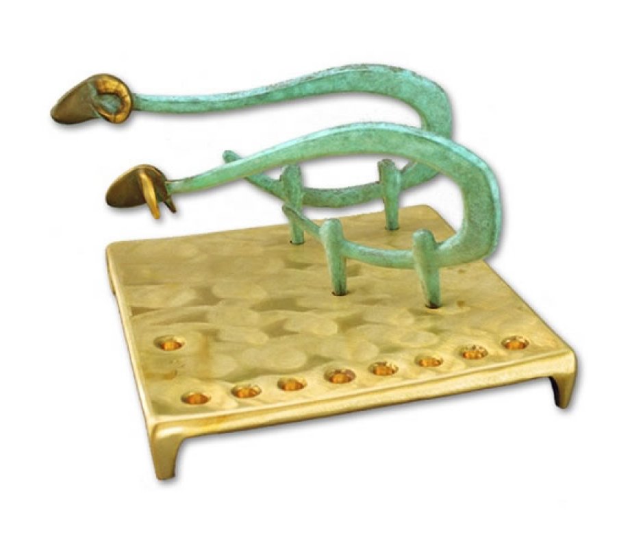 Square Base Brass Hanukkah Menorah Sheep and Ram by Shraga Landesman