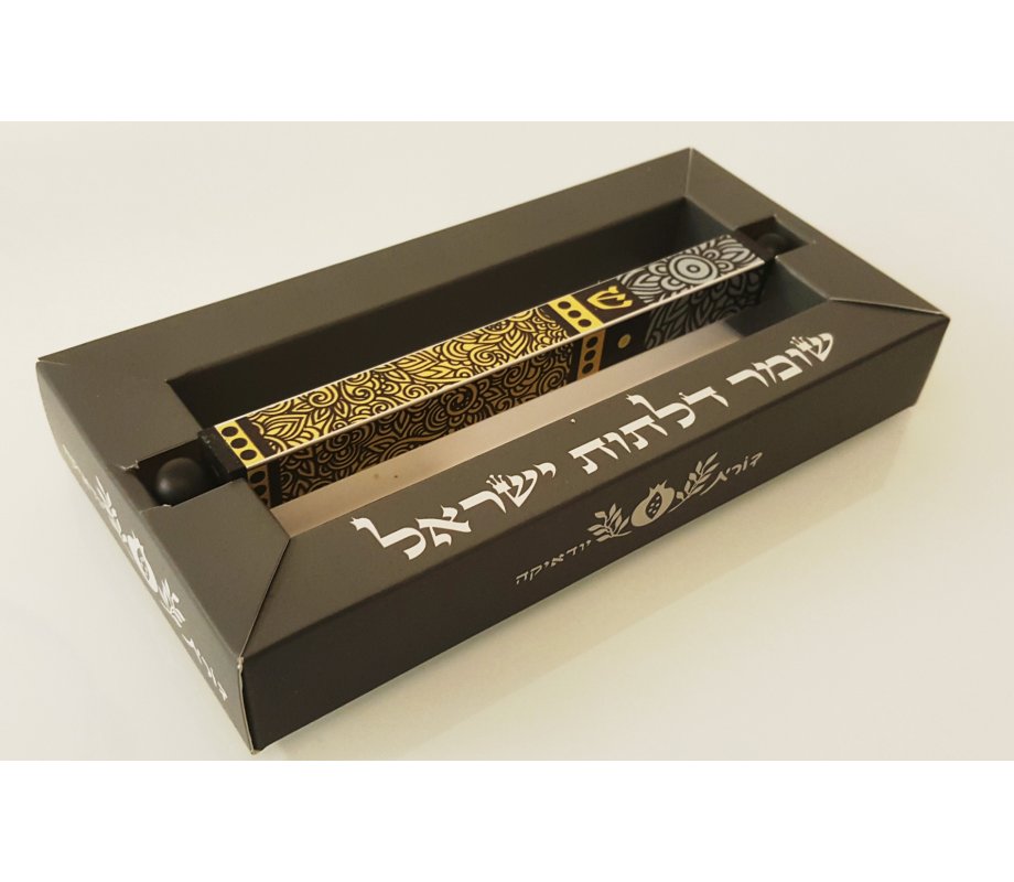 Square Tube Mezuzah Case with Knobs, Gold and Gray Leaves - Dorit Judaica