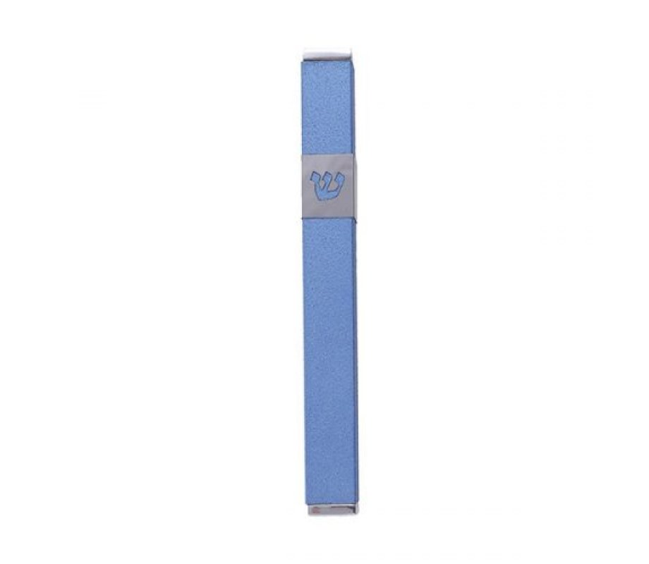 Stainless SteeL Mezuzah Case, Cutout Shin Letter, Turquoise - Yair Emanuel