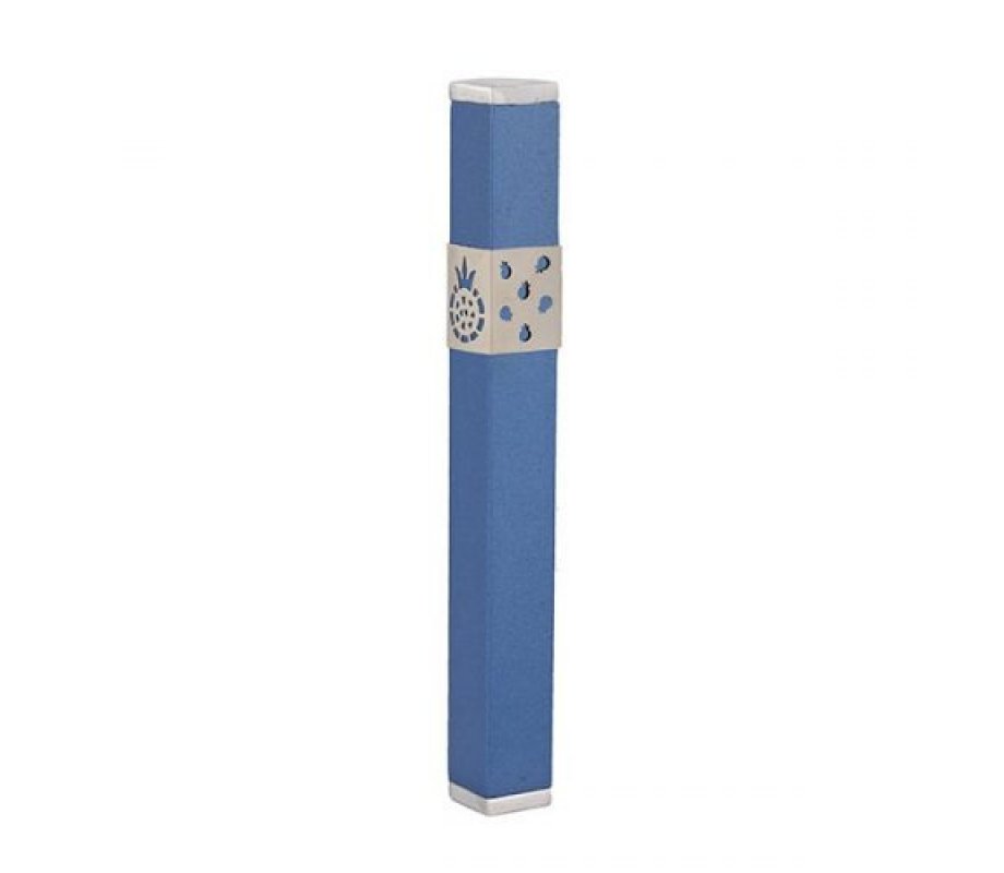 Stainless Steel Mezuzah Case, Cutout Pomegranates, Blue - Yair Emanuel