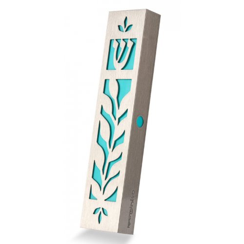 Stainless Steel Mezuzah Case with Cutout Leaf Design, Turquoise - Dorit Judaica