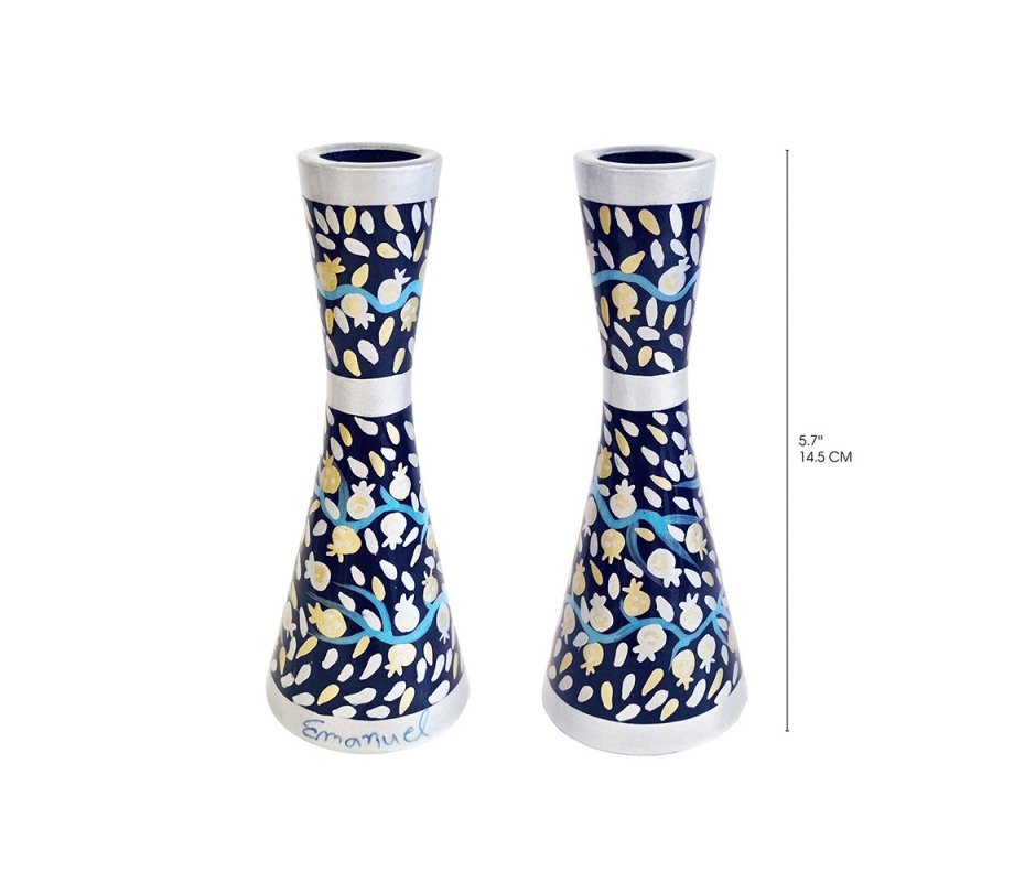 Stainless Steel Silver Pomegranates on Blue Metal Candlesticks - Yair Emanuel