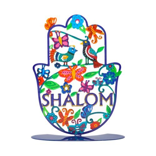 Standing Hamsa Hand Painted Birds and Butterflies, Shalom in English - Yair Emanuel