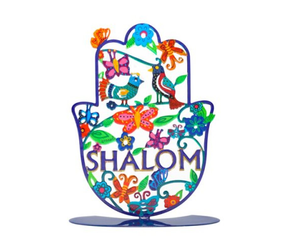Standing Hamsa Hand Painted Birds and Butterflies, Shalom in English - Yair Emanuel