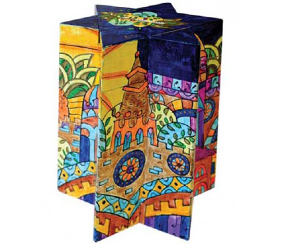 Star of David Colorful Wood Charity Tzedakah Box, Golden Jerusalem - Yair Emanuel