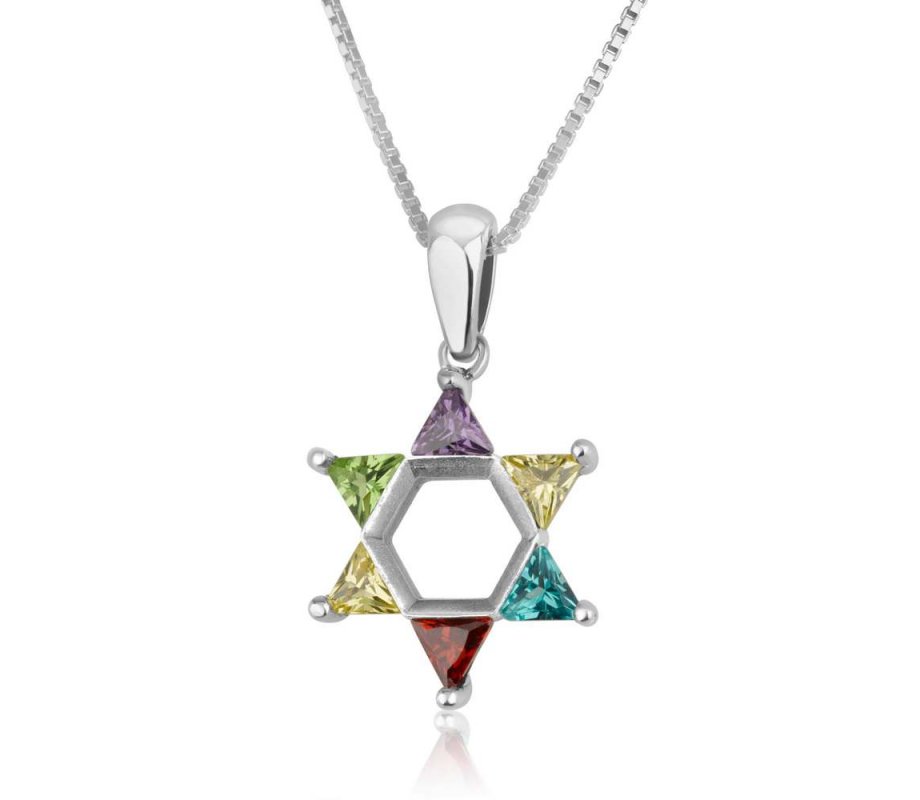 Star of David Pendant with Colored Stones in Corners � Sterling Silver Necklace