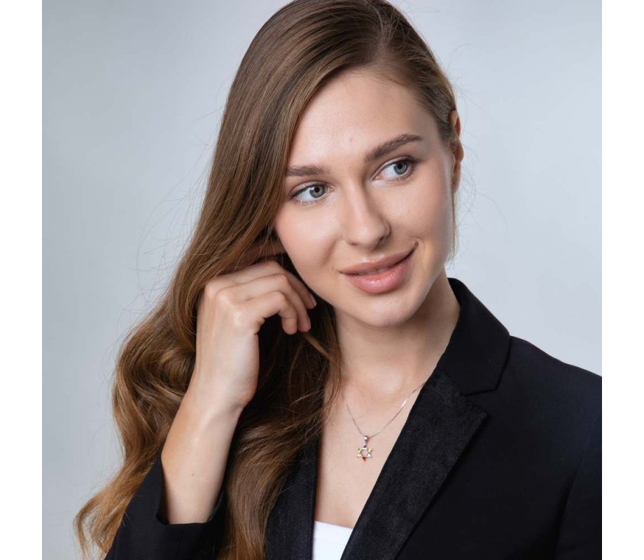 Star of David Pendant with Colored Stones in Corners � Sterling Silver Necklace