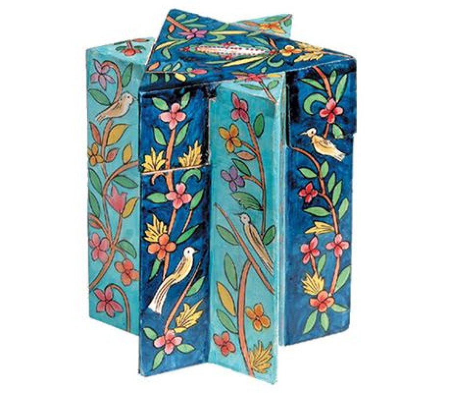 Star of David Wood Charity Tzedakah Box, Blue Floral Bird Design - Yair Emanuel