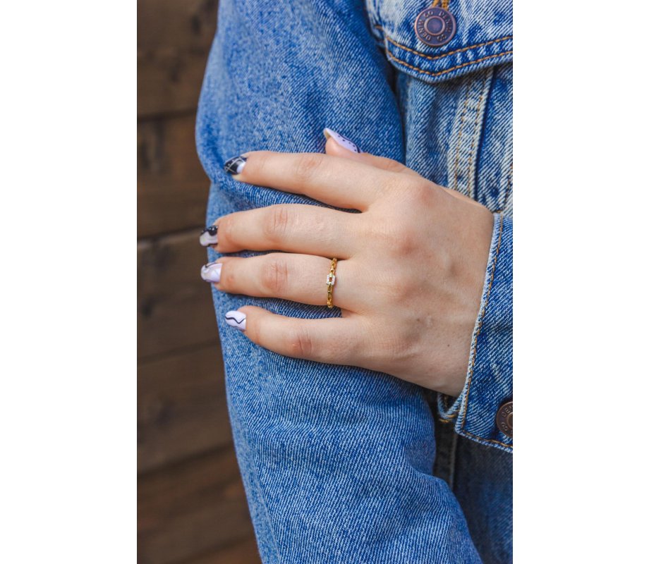 Sterling Silver Adjustable Ring with Zircons, Links Design - Choose Gold or Silver