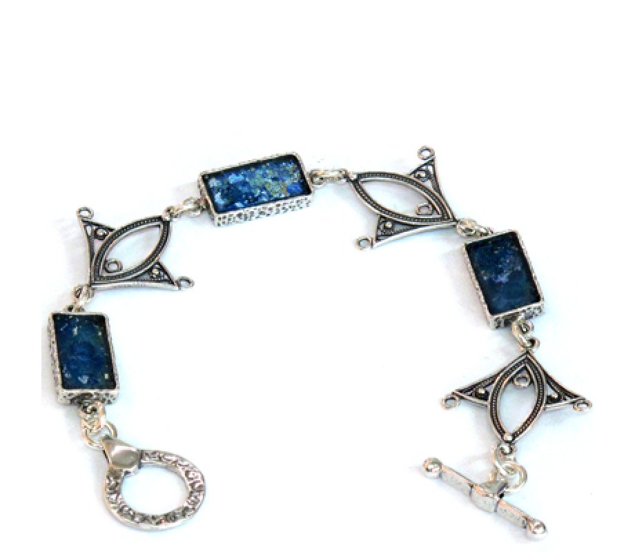 Sterling Silver Bracelet, Fish Shapes with Filigree Engraved Roman Glass - Michal Kirat