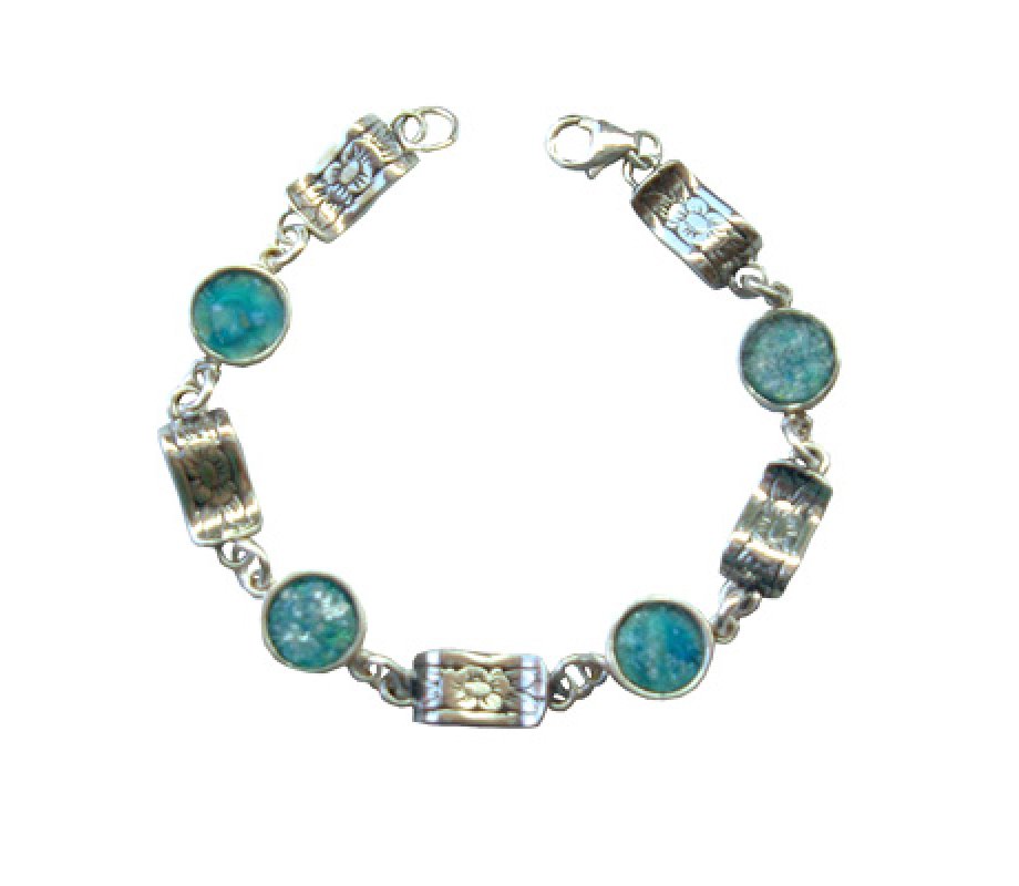 Sterling Silver Bracelet with Circular Roman glass Decorative Discs - Michal Kirat