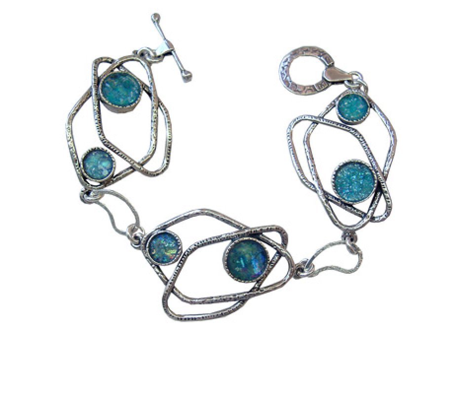 Sterling Silver Bracelet with Roman Glass Discs and Swirling Loops - Michal Kirat